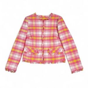 Trina Turk pink and yellow plaid fringe blazer jacket